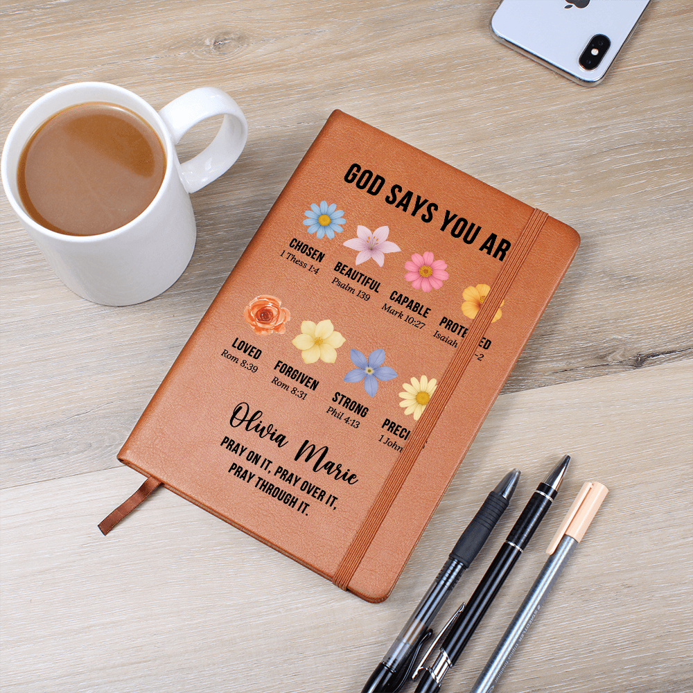 God Says You Are Journal – Personalized Christian Gift for Women – Custom Prayer Notebook with Bible Verses & Floral Design