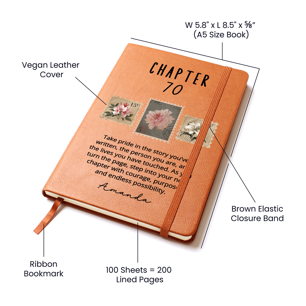 70th Birthday Gift Personalized Journal, 70 Years Old Custom Name Vegan Leather Notebook Turning Seventy Gift for Sister Best Friend