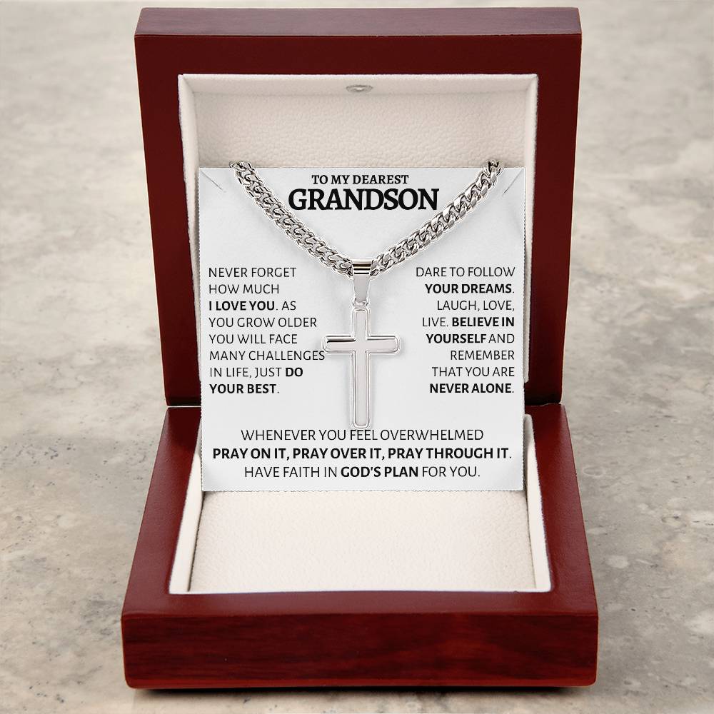 Custom Gift for Grandson | Engraved Cross Necklace from Grandma or Grandpa