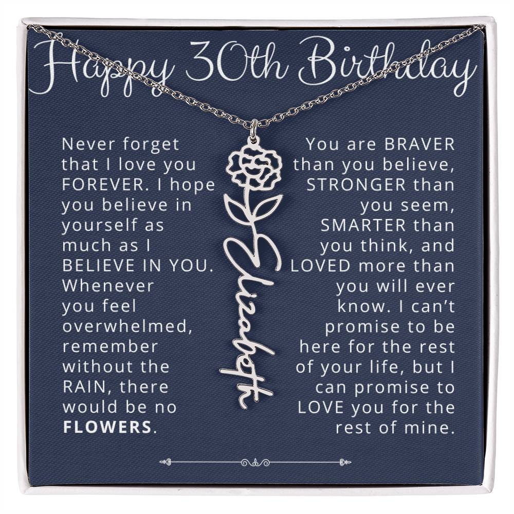 30th Birthday Gift for Her Custom Birth Flower Name Necklace