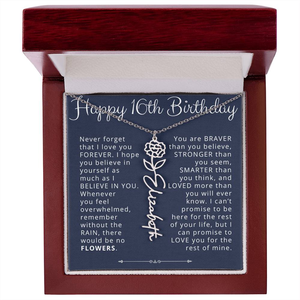 16th Birthday Gift Birth Flower Name Necklace for Daughter, Granddaughter, Niece