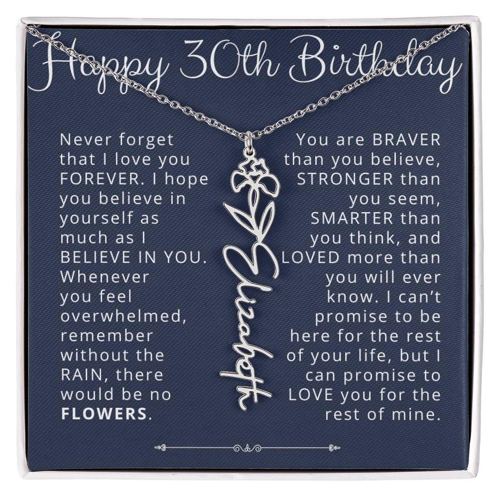 30th Birthday Gift for Her Custom Birth Flower Name Necklace