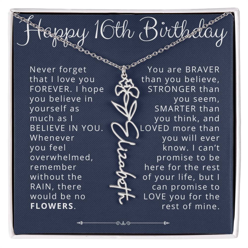 16th Birthday Gift Birth Flower Name Necklace for Daughter, Granddaughter, Niece