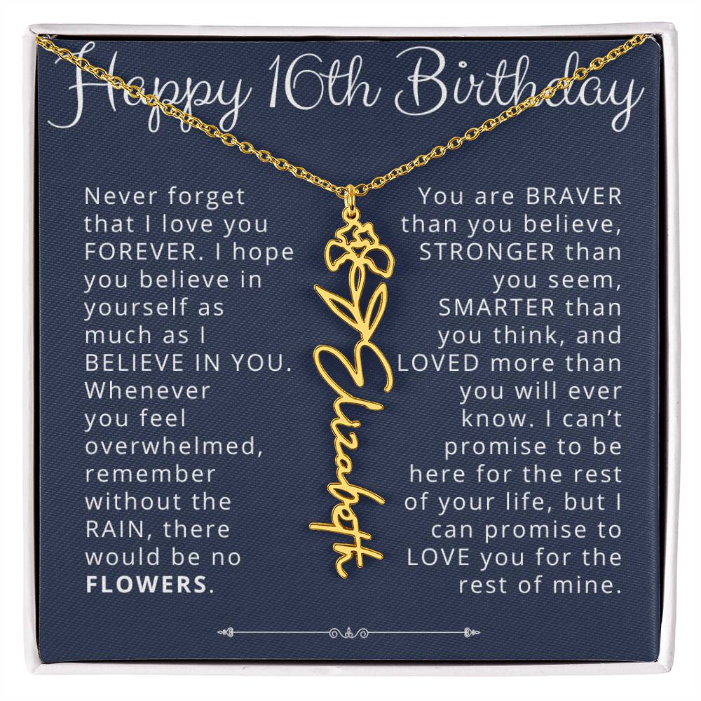 16th Birthday Gift Birth Flower Name Necklace for Daughter, Granddaughter, Niece