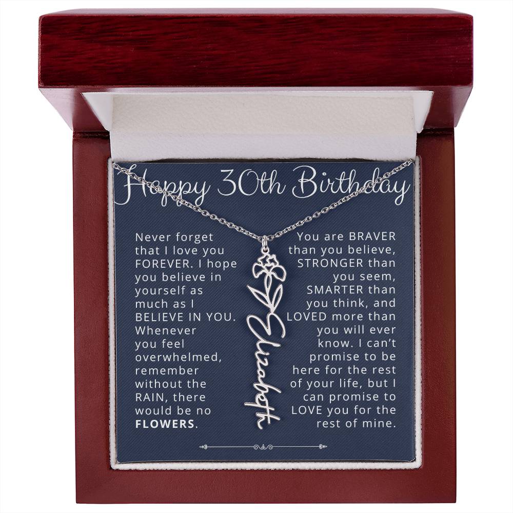 30th Birthday Gift for Her Custom Birth Flower Name Necklace