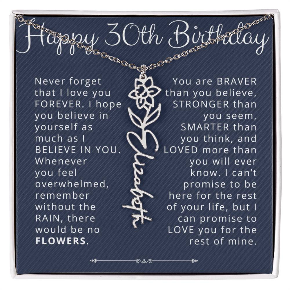 30th Birthday Gift for Her Custom Birth Flower Name Necklace
