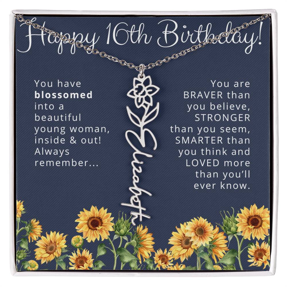 16th Birthday Gift for Her Custom Birth Flower Name Necklace