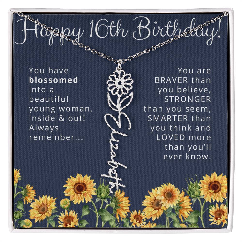 16th Birthday Gift for Her Custom Birth Flower Name Necklace