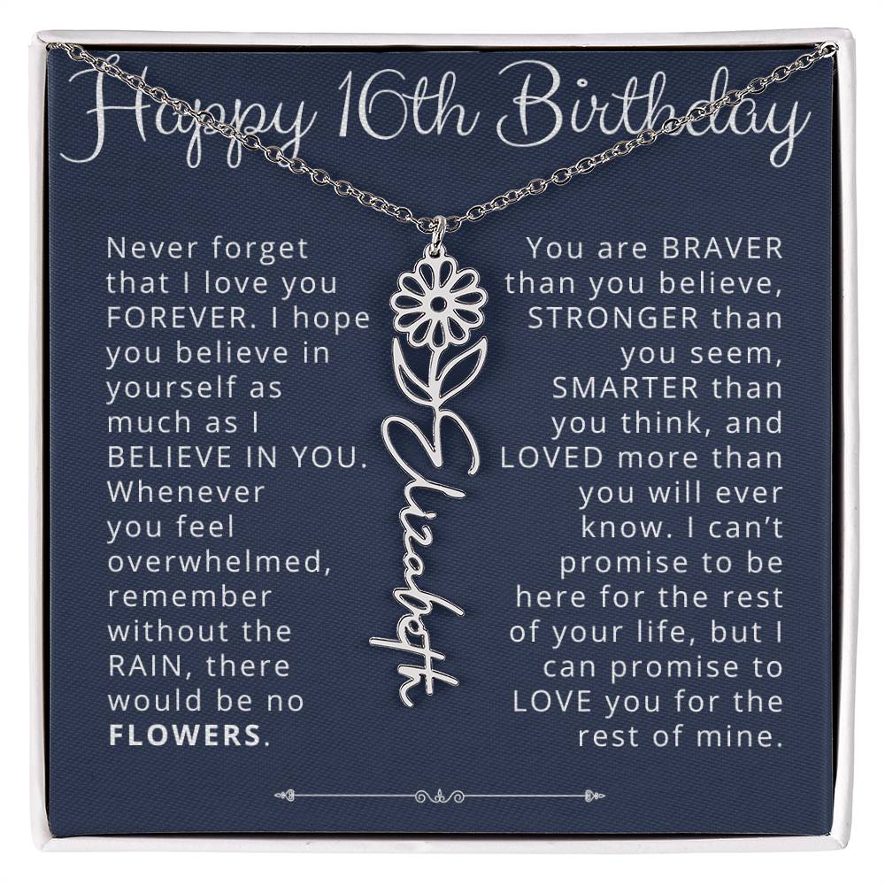 16th Birthday Gift Birth Flower Name Necklace for Daughter, Granddaughter, Niece