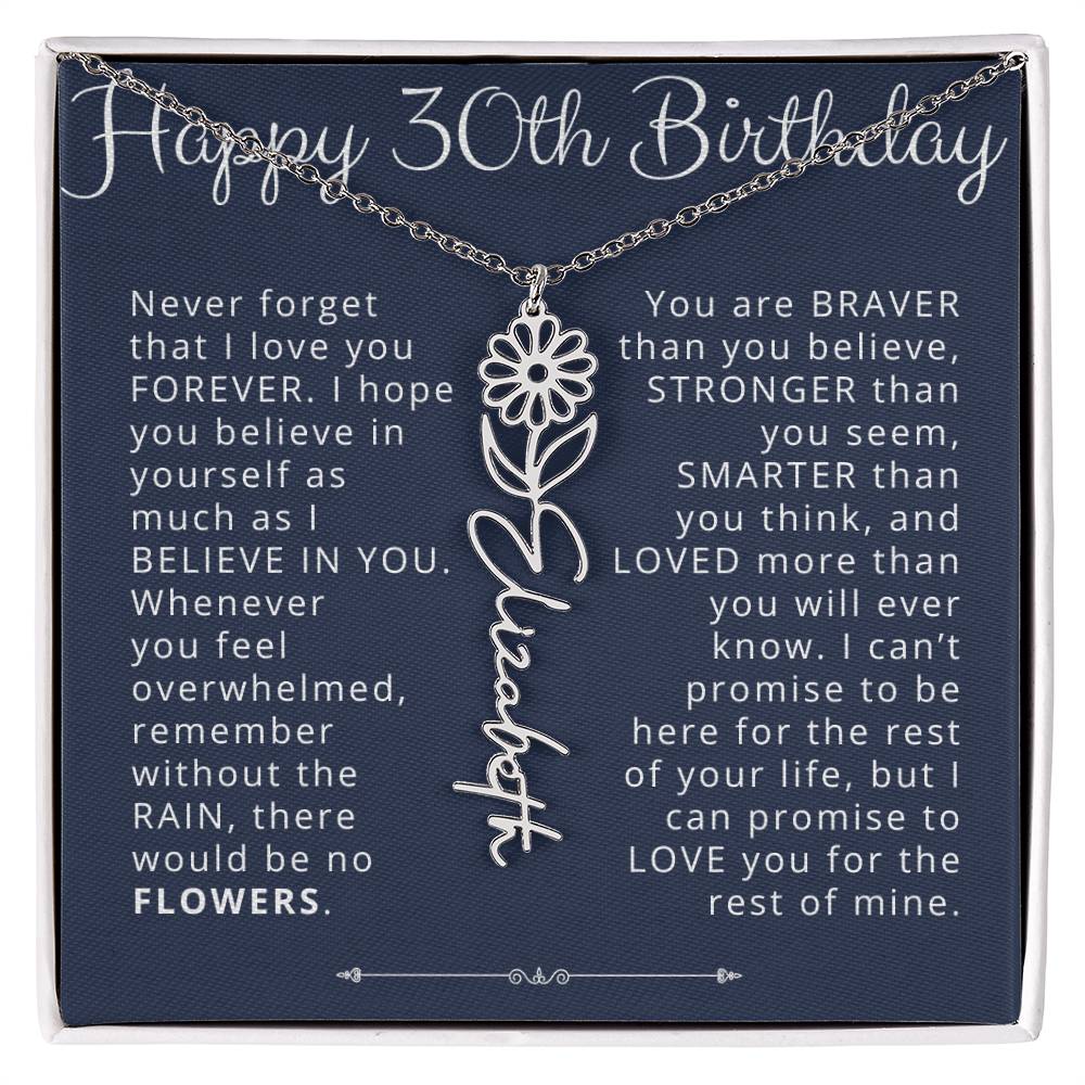 30th Birthday Gift for Her Custom Birth Flower Name Necklace
