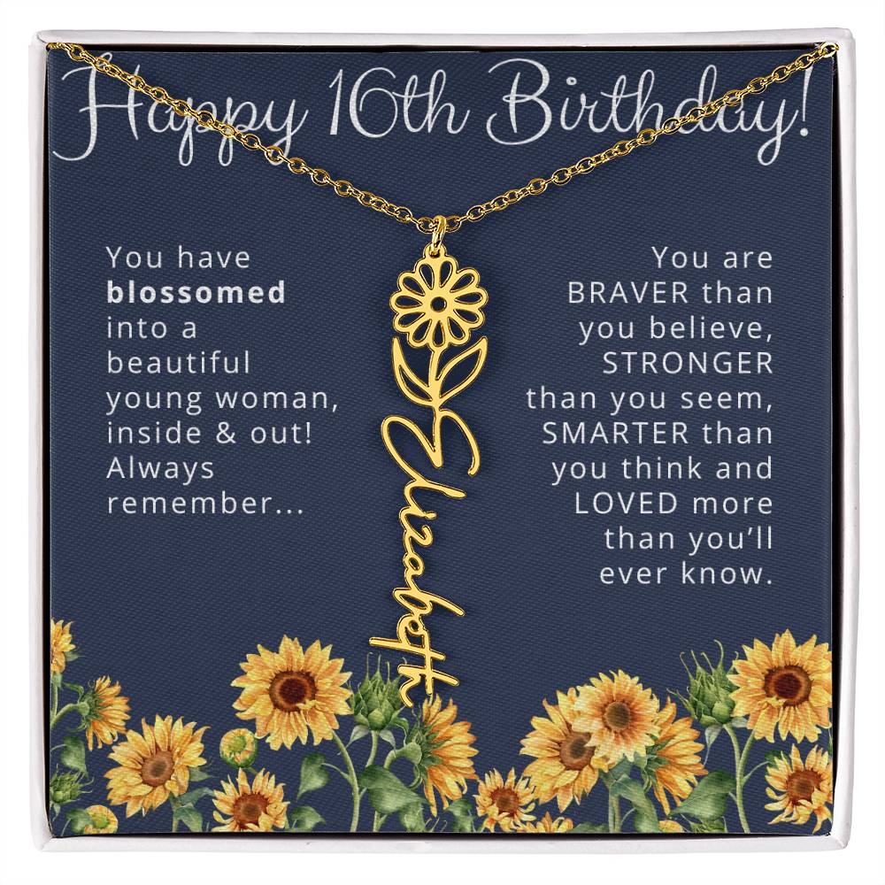 16th Birthday Gift for Her Custom Birth Flower Name Necklace