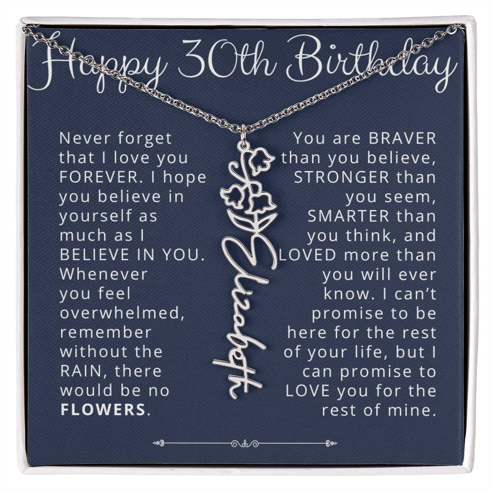 30th Birthday Gift for Her Custom Birth Flower Name Necklace