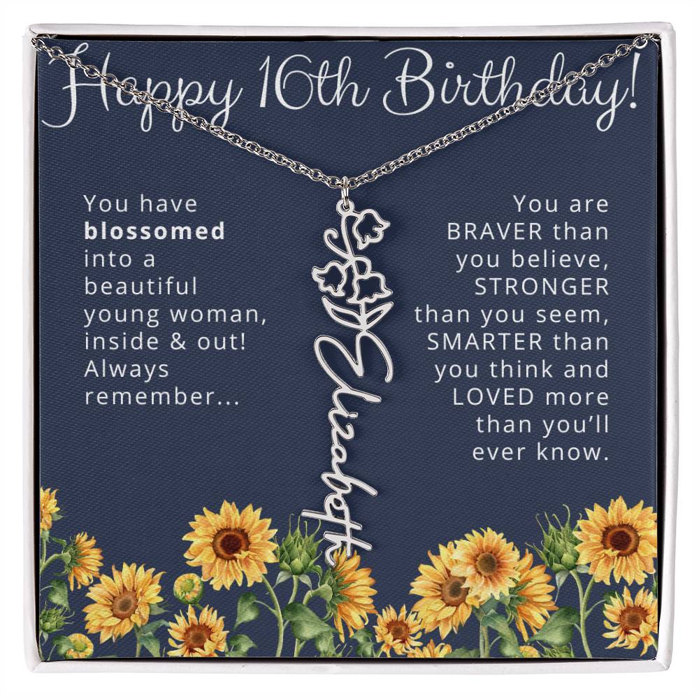 16th Birthday Gift for Her Custom Birth Flower Name Necklace