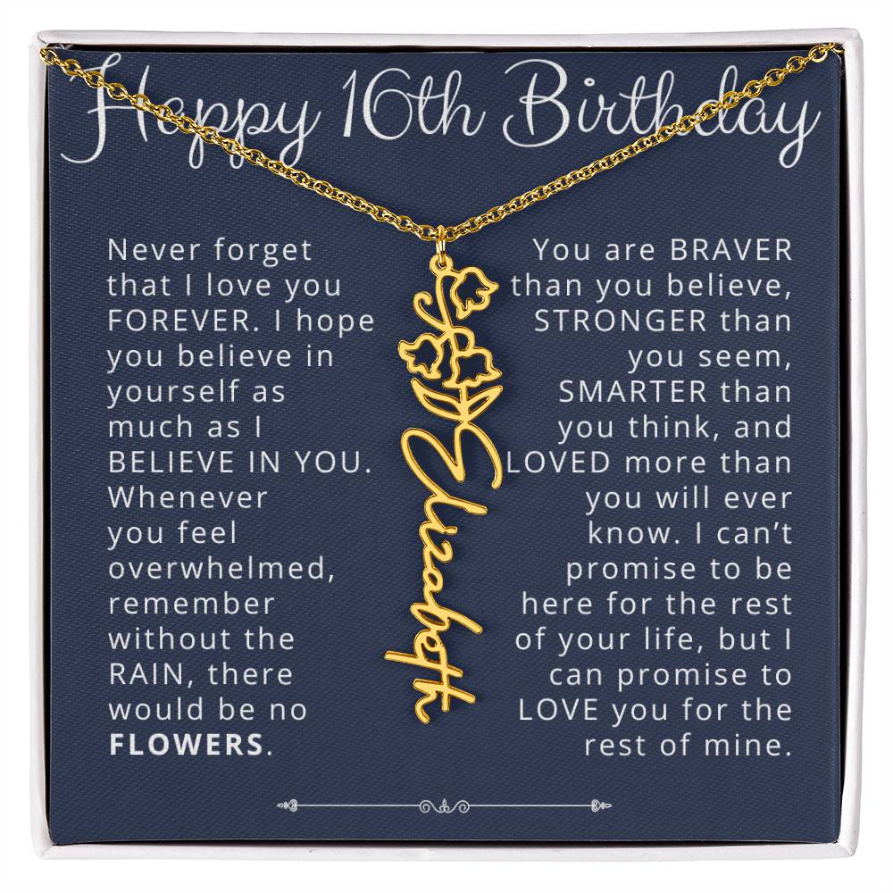 16th Birthday Gift Birth Flower Name Necklace for Daughter, Granddaughter, Niece