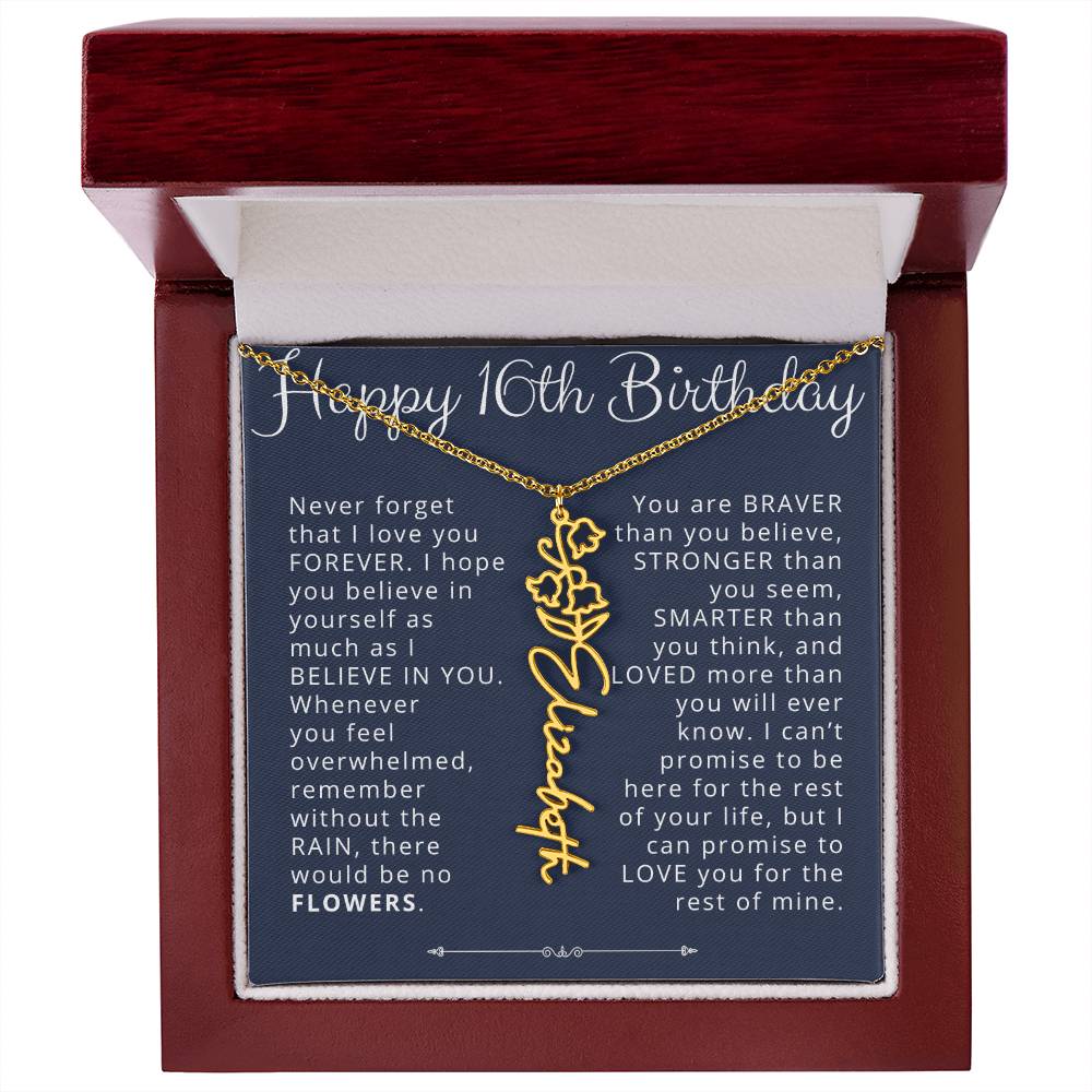 16th Birthday Gift Birth Flower Name Necklace for Daughter, Granddaughter, Niece