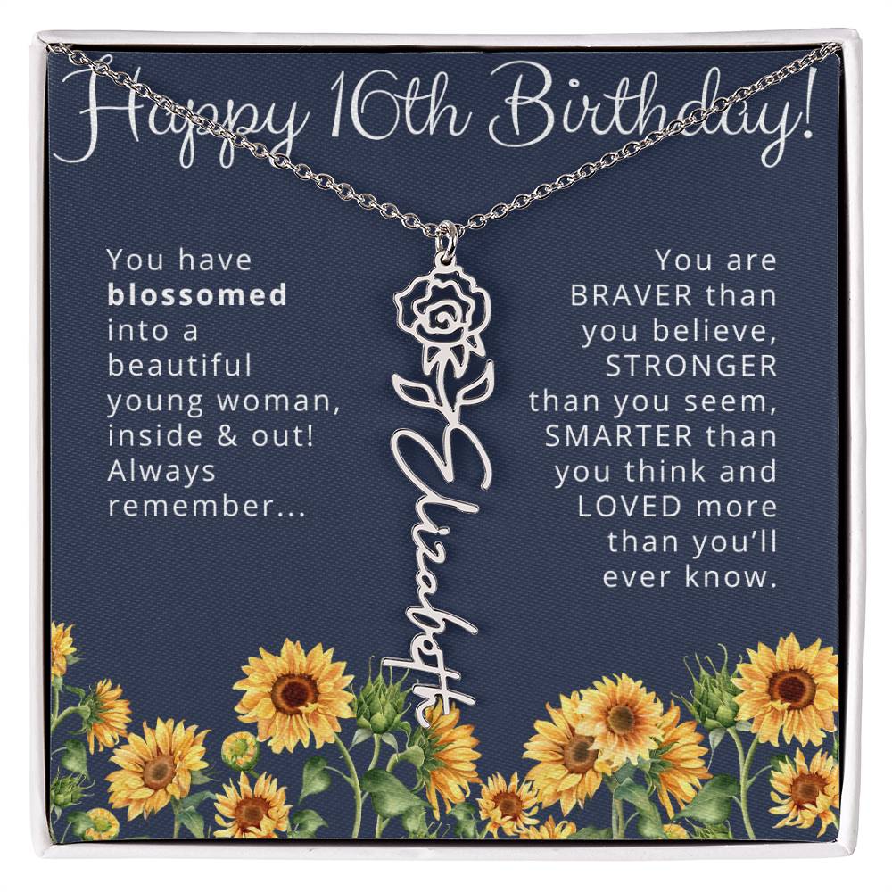 16th Birthday Gift for Her Custom Birth Flower Name Necklace