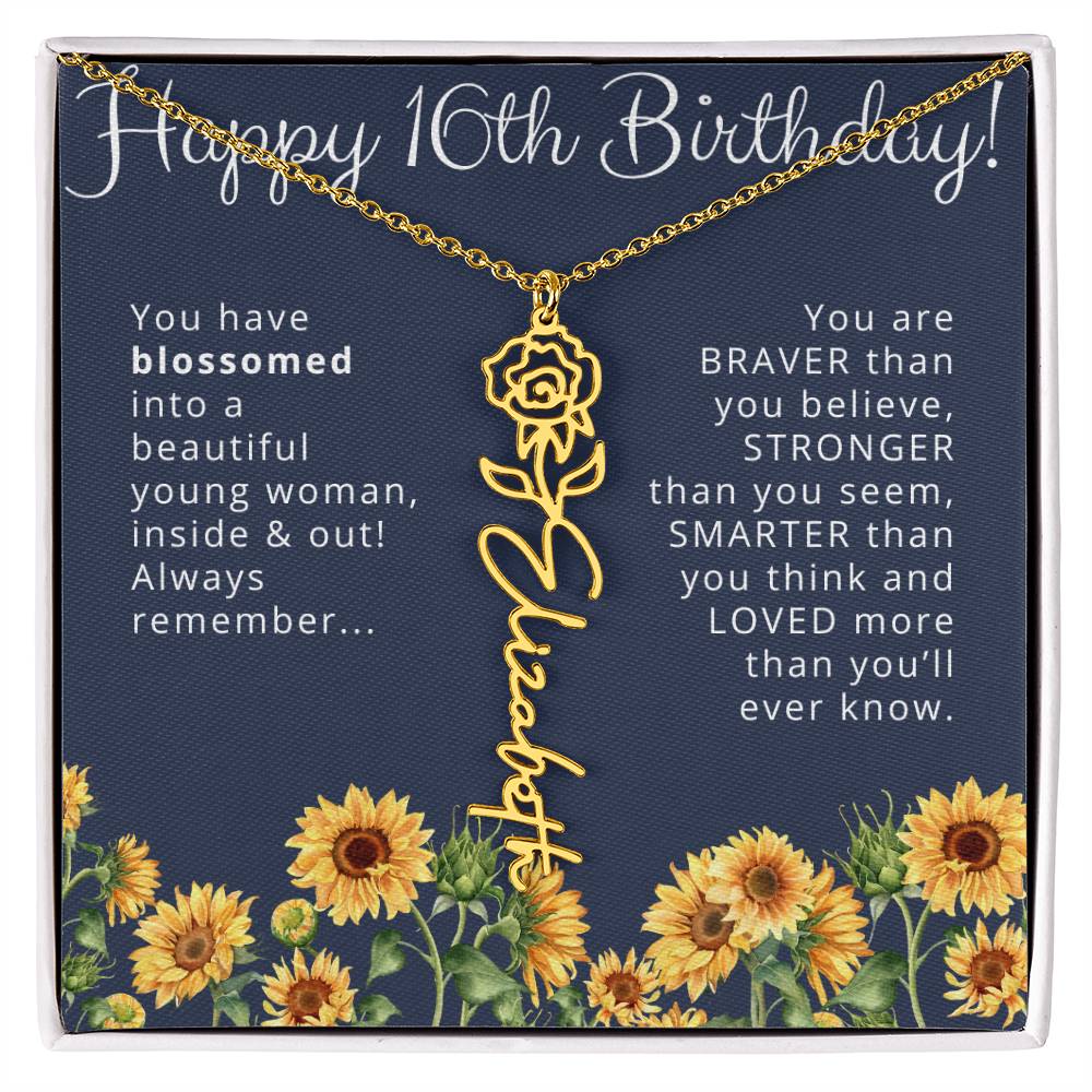 16th Birthday Gift for Her Custom Birth Flower Name Necklace