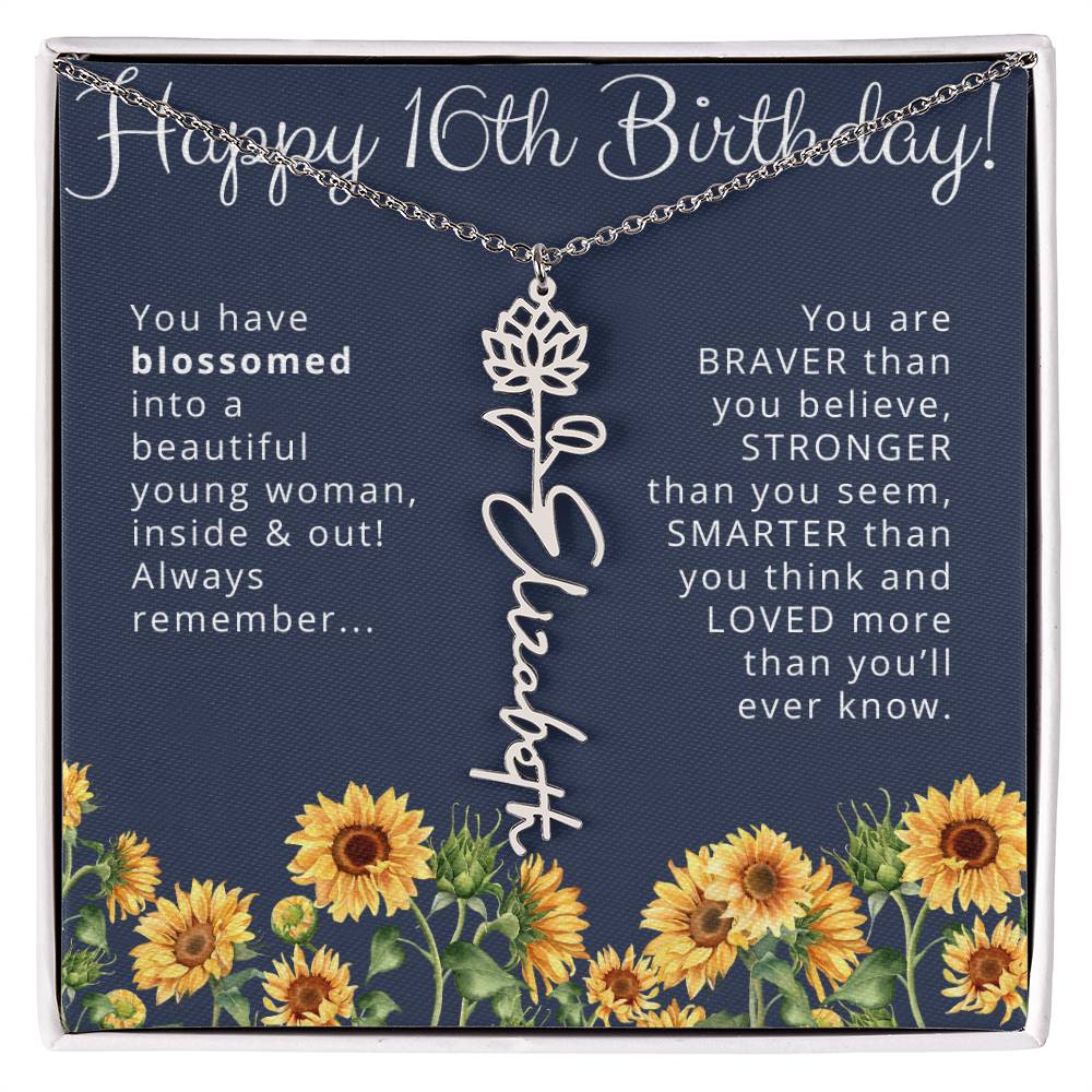 16th Birthday Gift for Her Custom Birth Flower Name Necklace