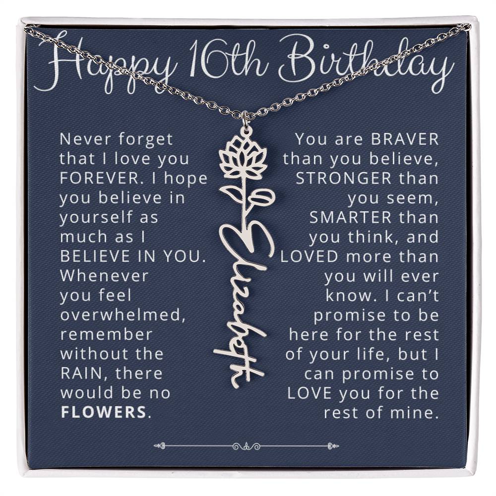 16th Birthday Gift Birth Flower Name Necklace for Daughter, Granddaughter, Niece
