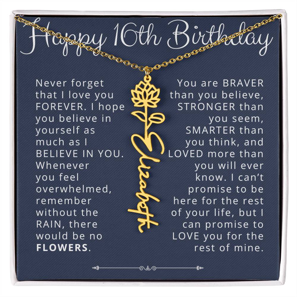 16th Birthday Gift Birth Flower Name Necklace for Daughter, Granddaughter, Niece
