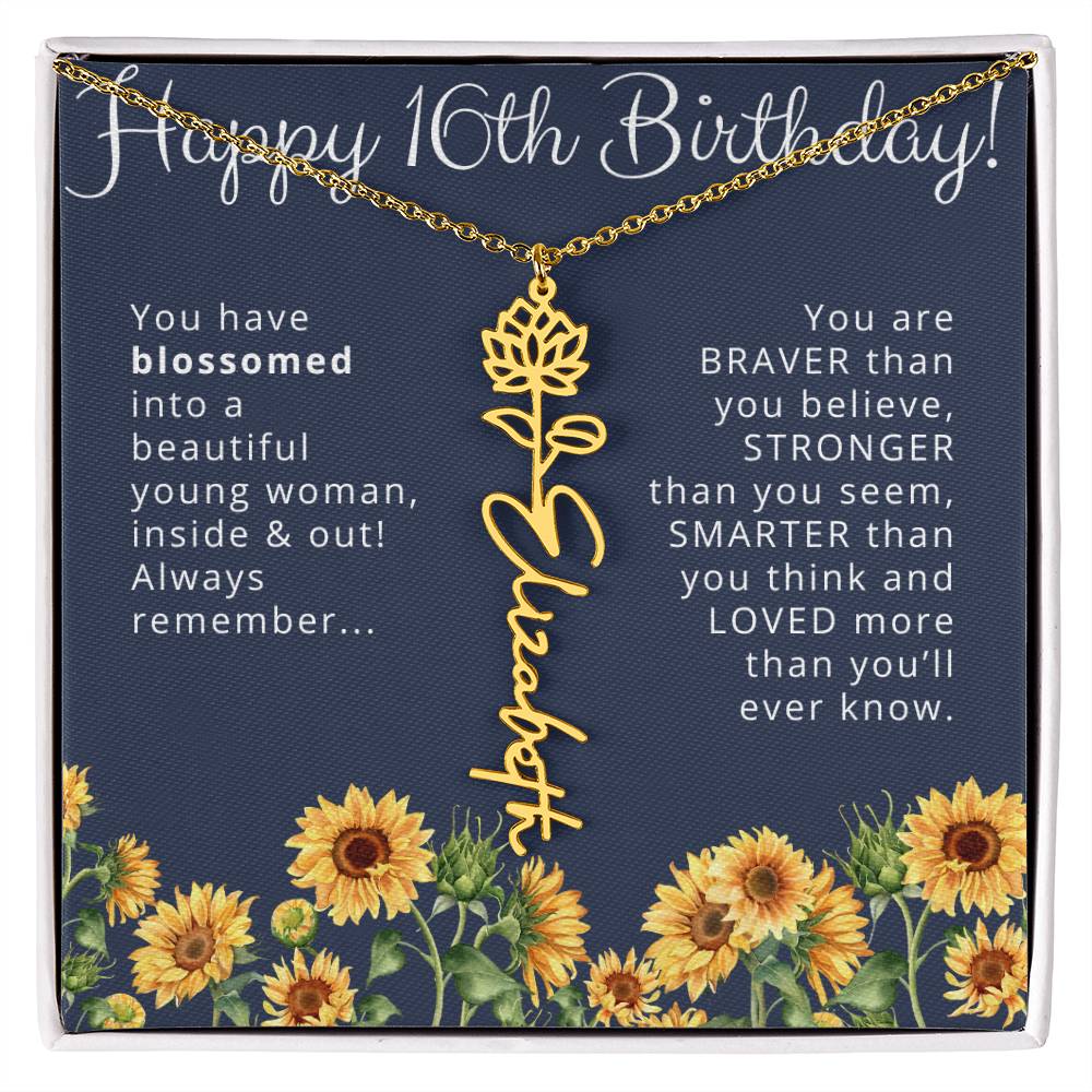 16th Birthday Gift for Her Custom Birth Flower Name Necklace