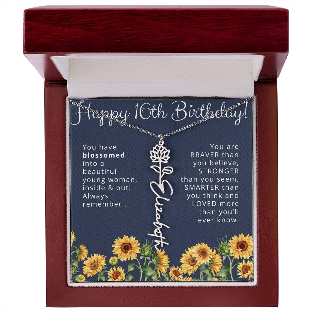 16th Birthday Gift for Her Custom Birth Flower Name Necklace
