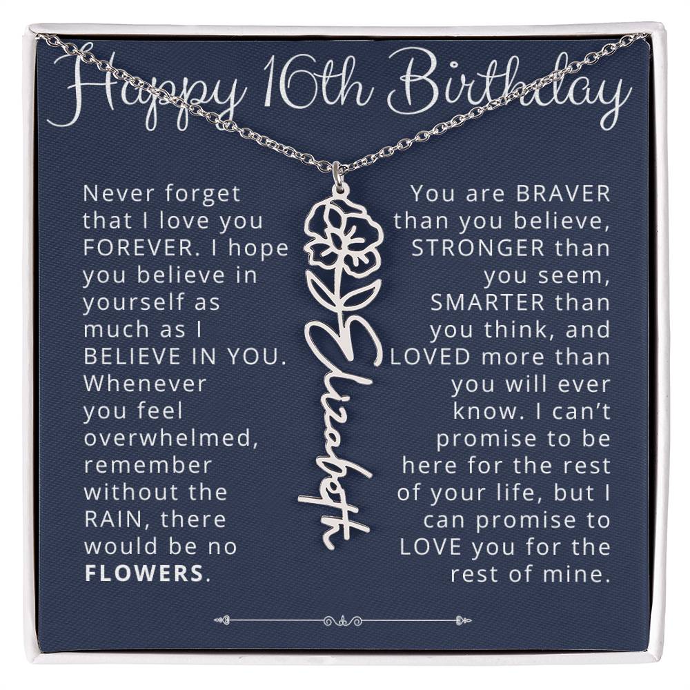 16th Birthday Gift Birth Flower Name Necklace for Daughter, Granddaughter, Niece