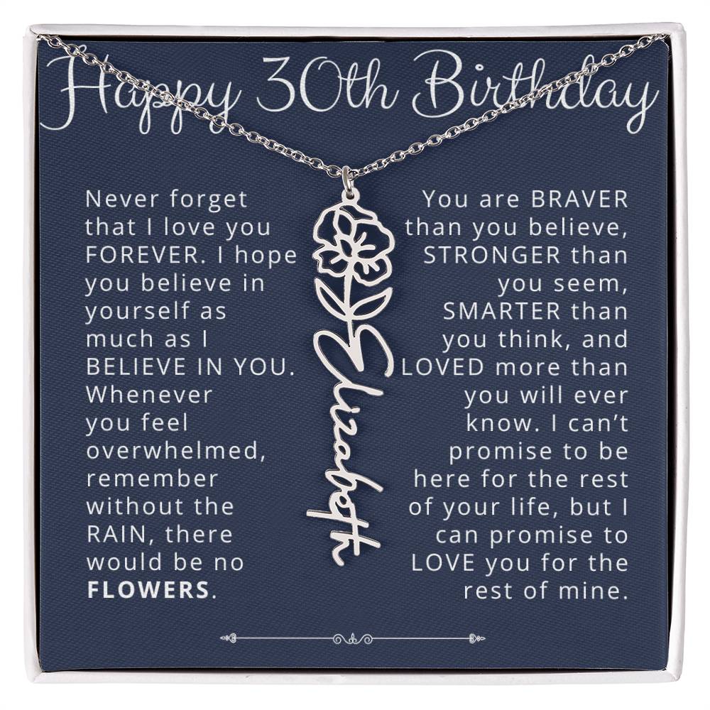 30th Birthday Gift for Her Custom Birth Flower Name Necklace