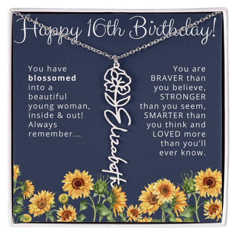 16th Birthday Gift for Her Custom Birth Flower Name Necklace