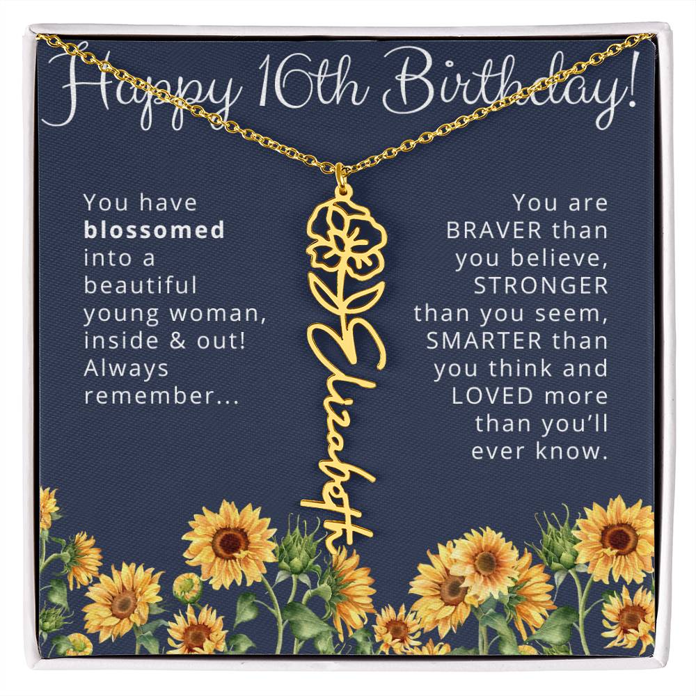 16th Birthday Gift for Her Custom Birth Flower Name Necklace