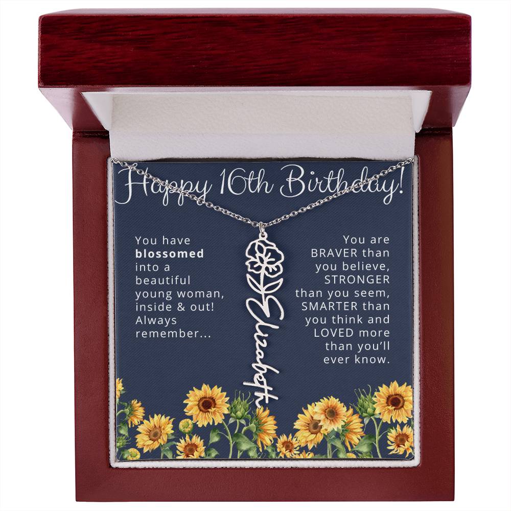 16th Birthday Gift for Her Custom Birth Flower Name Necklace