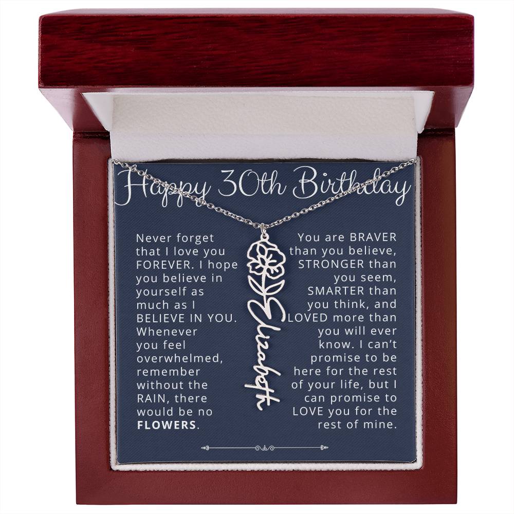 30th Birthday Gift for Her Custom Birth Flower Name Necklace