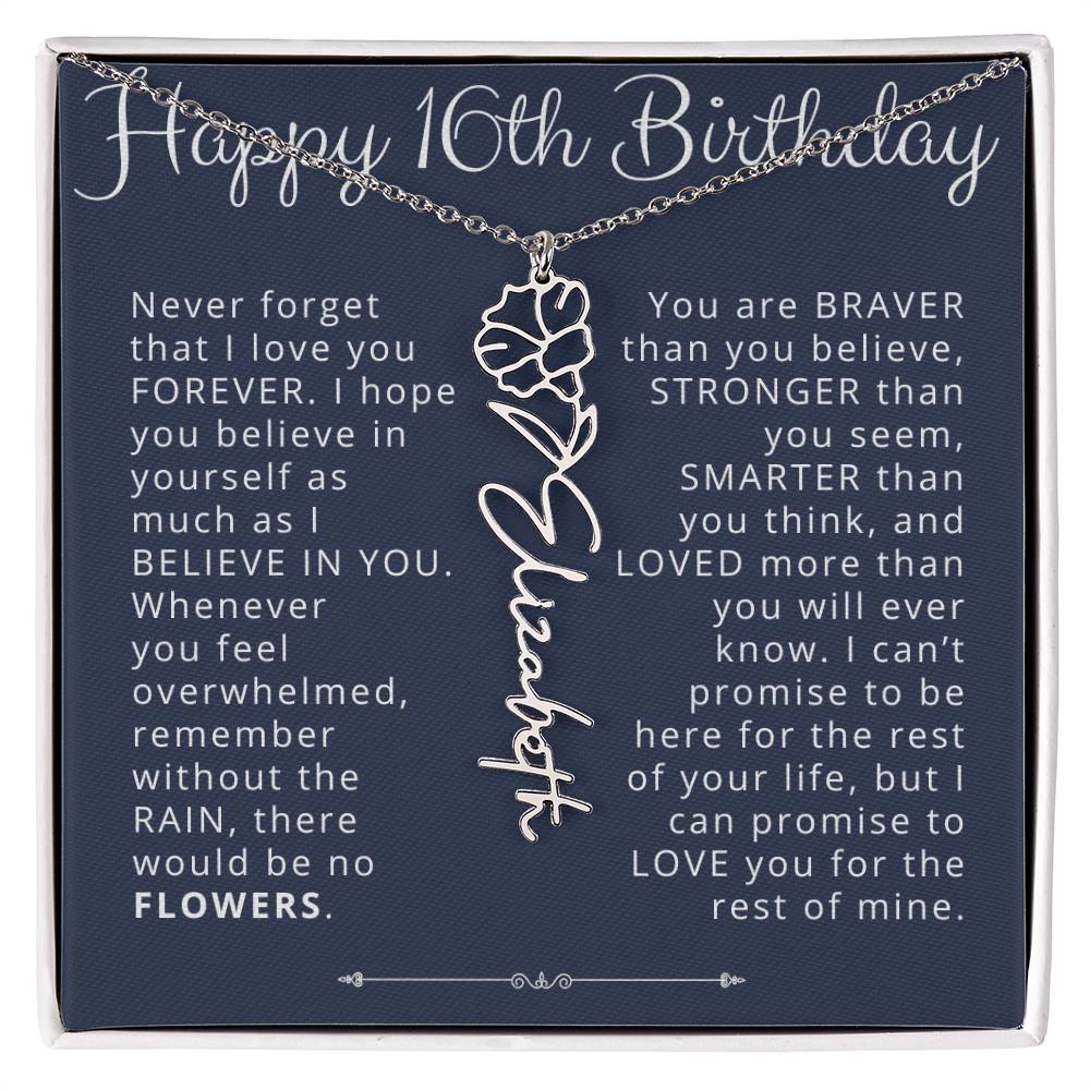 16th Birthday Gift Birth Flower Name Necklace for Daughter, Granddaughter, Niece