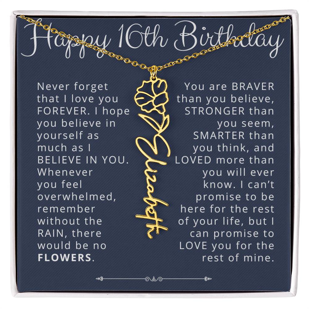 16th Birthday Gift Birth Flower Name Necklace for Daughter, Granddaughter, Niece