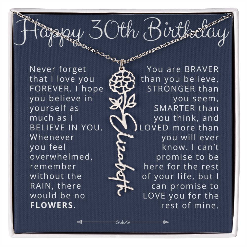 30th Birthday Gift for Her Custom Birth Flower Name Necklace
