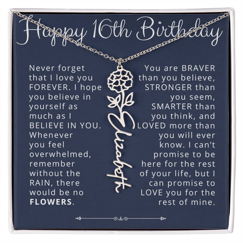 16th Birthday Gift Birth Flower Name Necklace for Daughter, Granddaughter, Niece