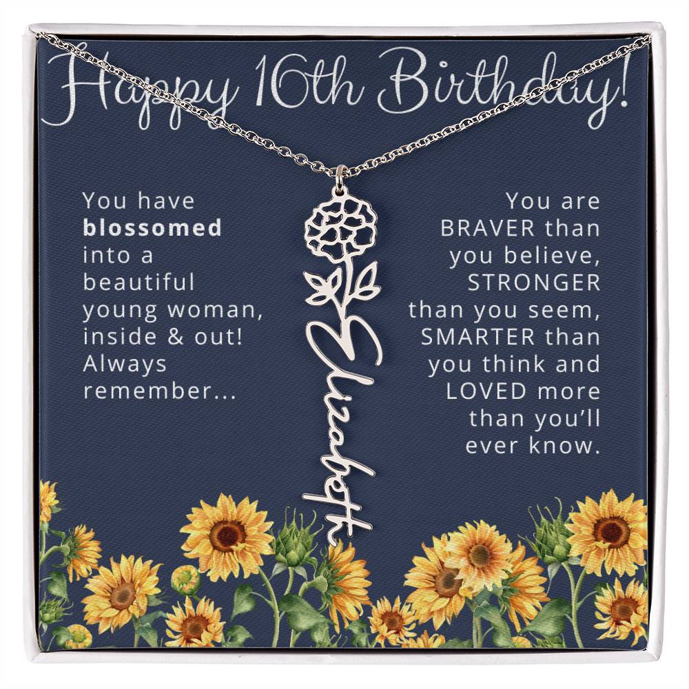 16th Birthday Gift for Her Custom Birth Flower Name Necklace