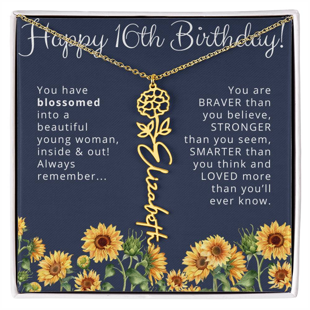 16th Birthday Gift for Her Custom Birth Flower Name Necklace