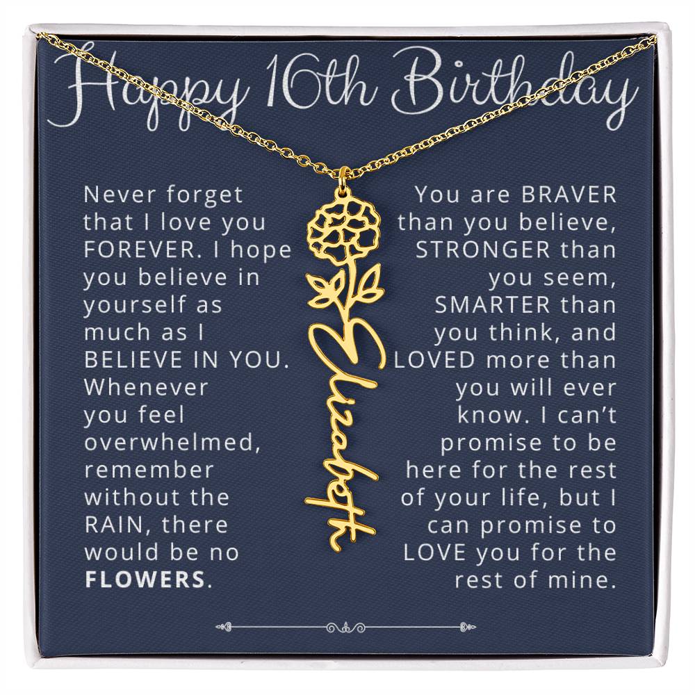 16th Birthday Gift Birth Flower Name Necklace for Daughter, Granddaughter, Niece