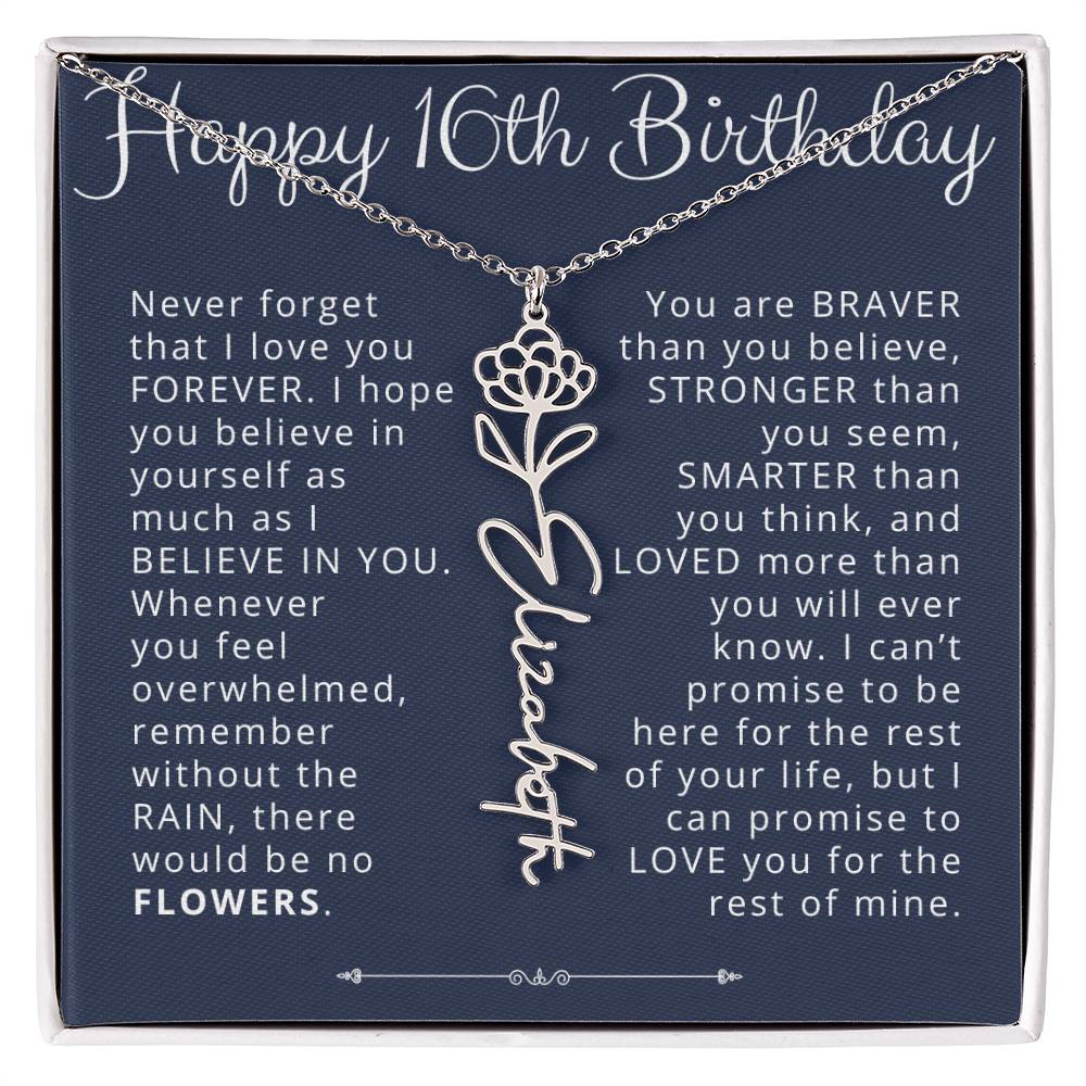 16th Birthday Gift Birth Flower Name Necklace for Daughter, Granddaughter, Niece