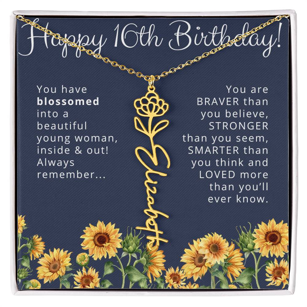 16th Birthday Gift for Her Custom Birth Flower Name Necklace