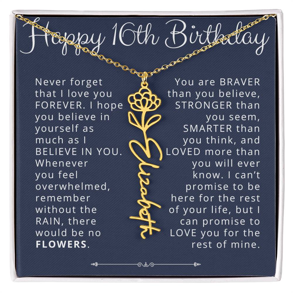 16th Birthday Gift Birth Flower Name Necklace for Daughter, Granddaughter, Niece