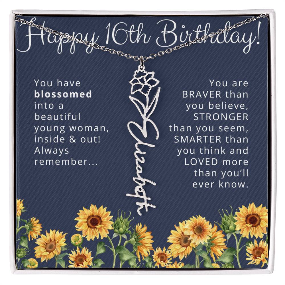 16th Birthday Gift for Her Custom Birth Flower Name Necklace