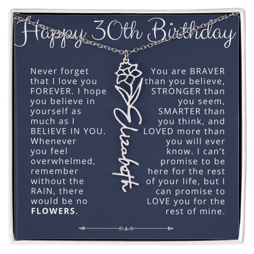 30th Birthday Gift for Her Custom Birth Flower Name Necklace