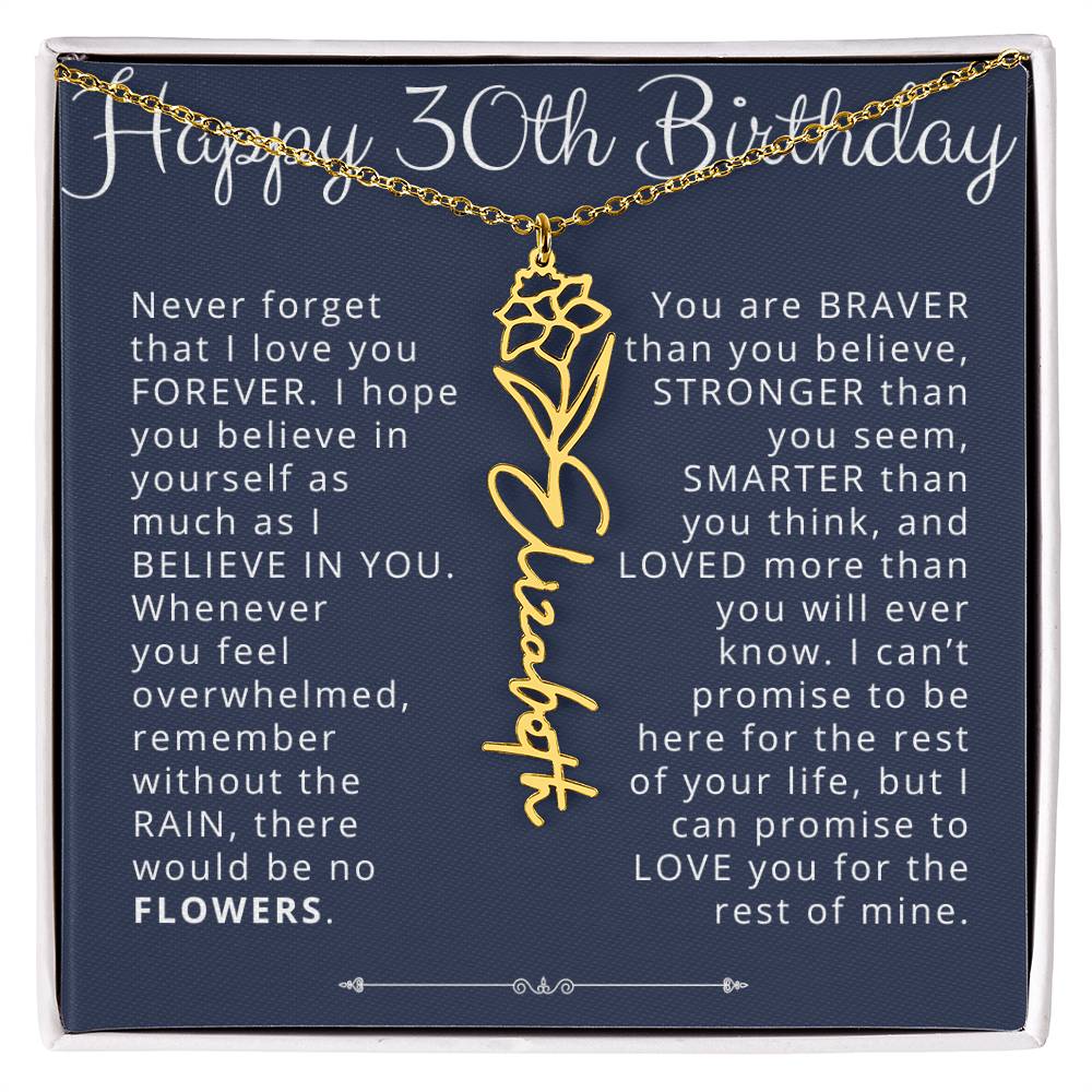 30th Birthday Gift for Her Custom Birth Flower Name Necklace