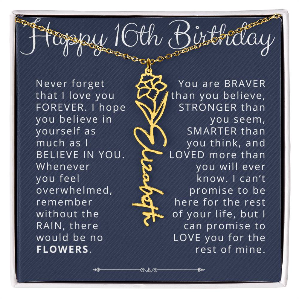 16th Birthday Gift Birth Flower Name Necklace for Daughter, Granddaughter, Niece