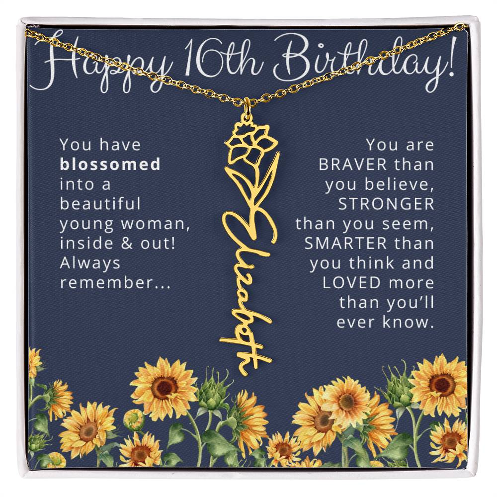 16th Birthday Gift for Her Custom Birth Flower Name Necklace