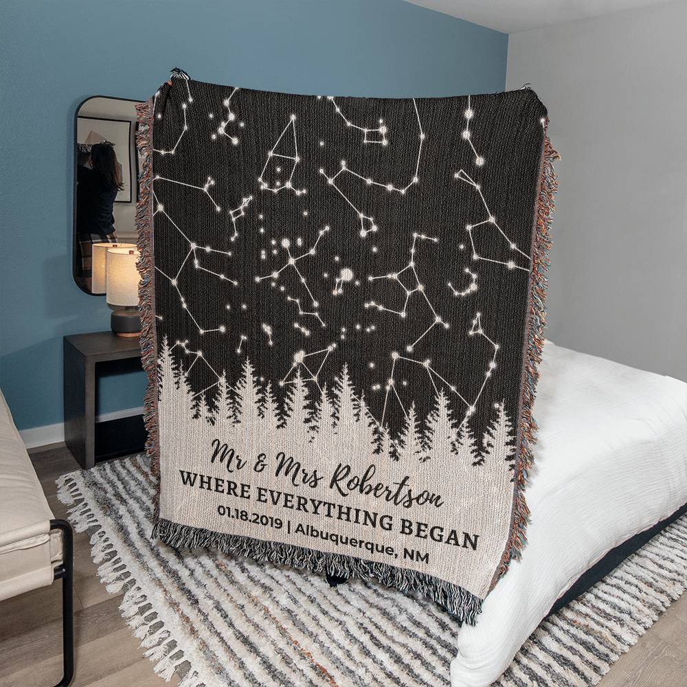 Personalized Star Map By Date Woven Blanket | Couples Gift Cotton Anniversary Gift For Him