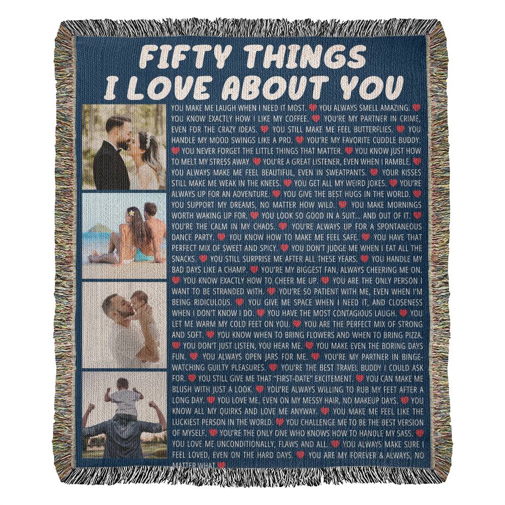 50th Birthday or Anniversary Cotton Blanket - Personalized 50 Reasons I Love You Gift with Custom Photos - Custom Keepsake for Husband/Friend
