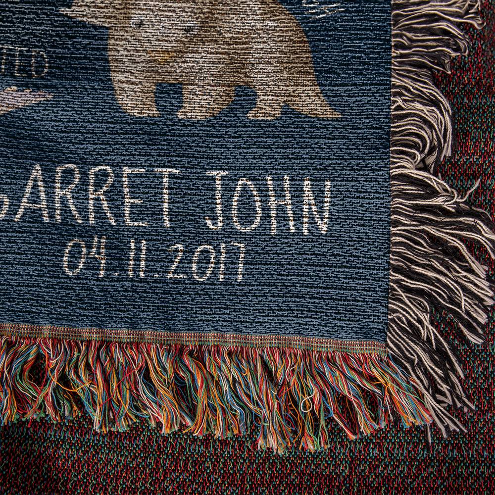 Personalized Name Blanket for Grandson - Custom Gift from Grandma or Grandpa with Birthdate - 100% Cotton Blanket with Fringe Baby Keepsake